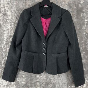 JouJou Womens Size M Wool Notched Blazer Jacket Gray Long Sleeve Pink Lined